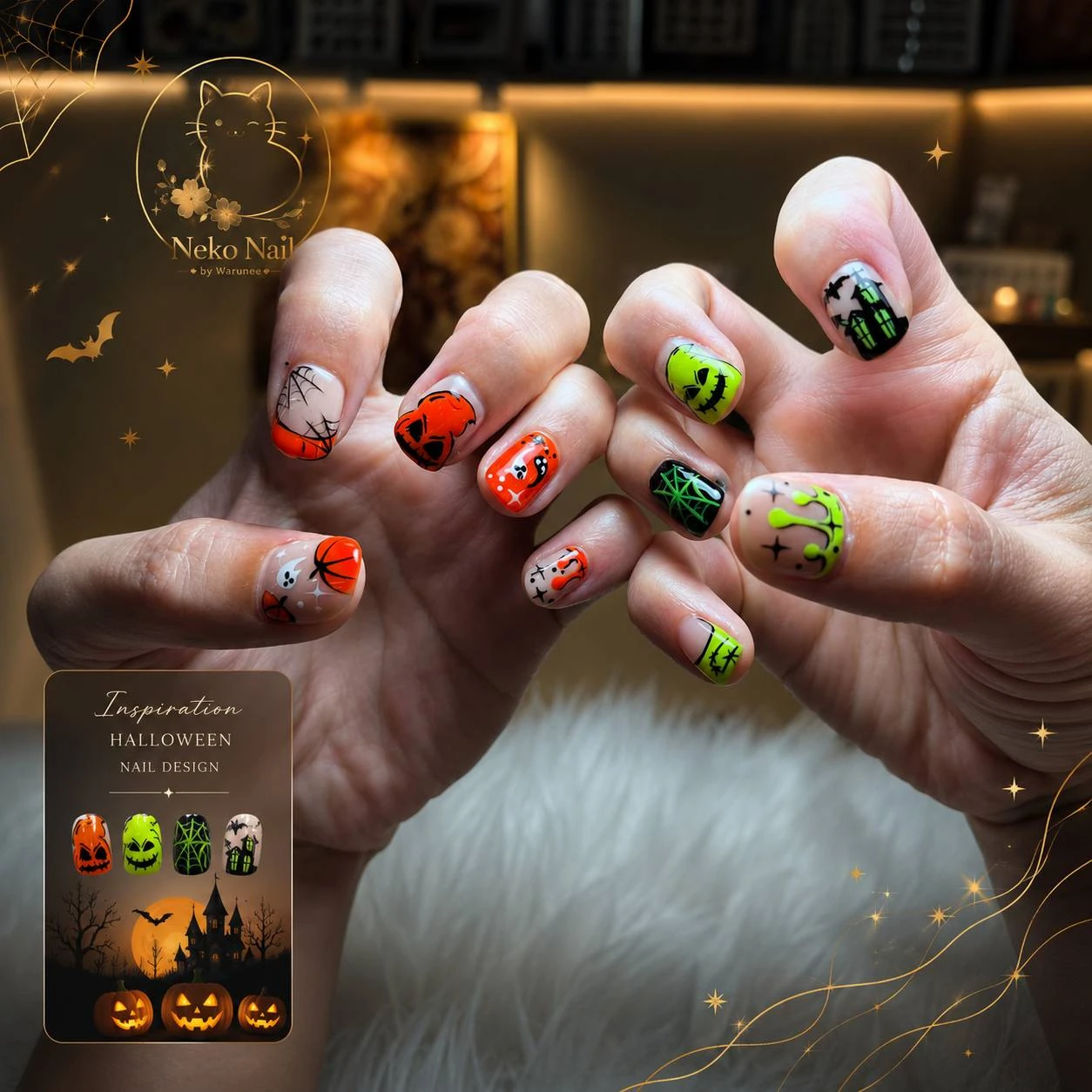 เพ้นท์เล็บ Halloween สีส้มนีออน เขียวนีออน ใยแมงมุม ฟักทอง และผี ผลงาน Neko Nail by Warunee ร้านทำเล็บบางใหญ่